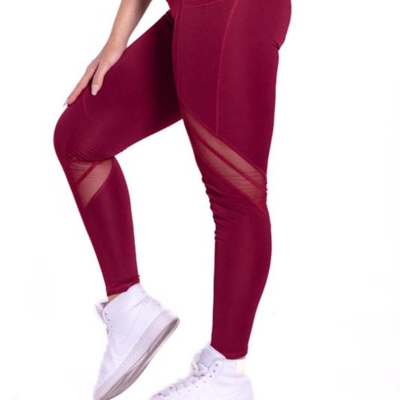 High-Waisted & Mash Panel Gym and Yoga Leggings with Side Pockets Burgundy - Picture 5 of 6